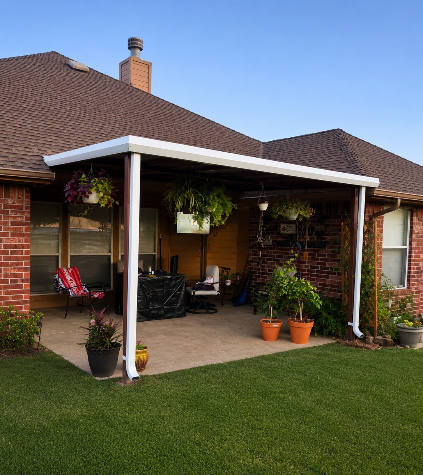 Custom attached metal patio cover in Central Oklahoma